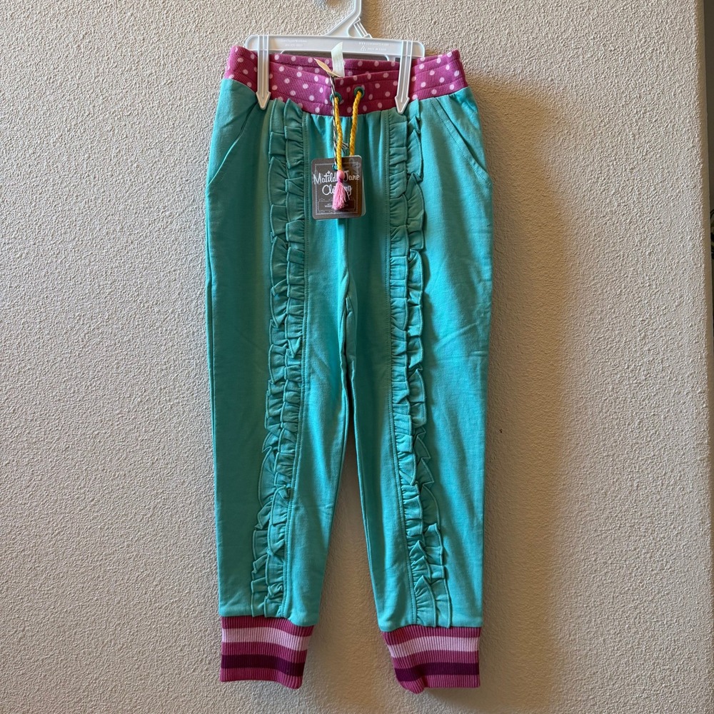 Matilda Jane Girls Teal Blue Ruffle Joggers Pink Polka Dot Waistband Size 6 NWT
